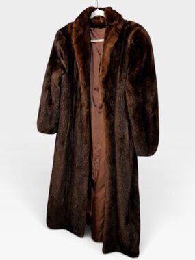 Vintage 60s brown tea length mink shawl neck coat M
